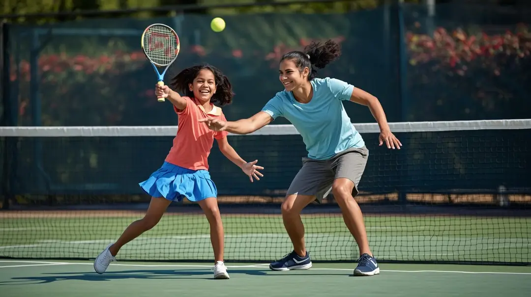 kid playing tennis with coach