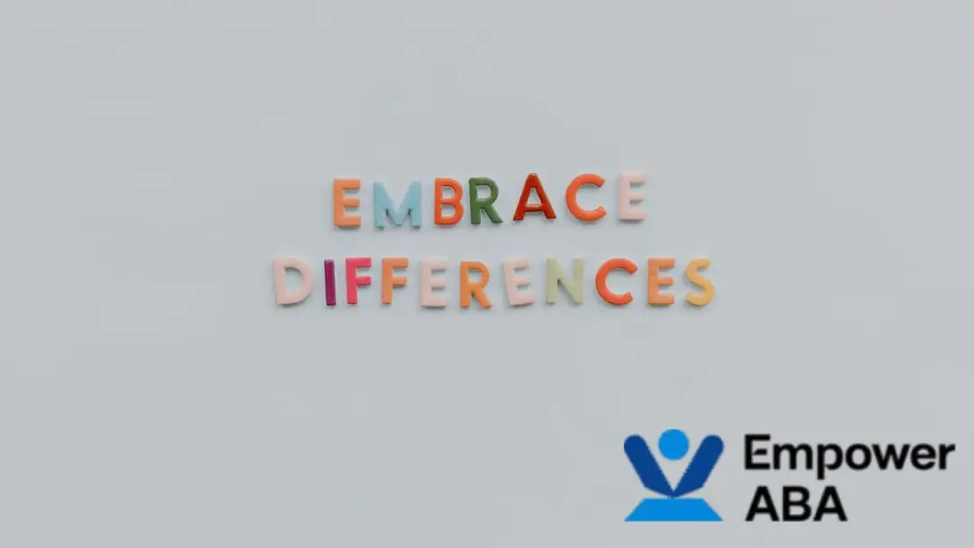 Quotes autism awareness concept featuring multicolored block letters spelling “embrace differences” on a clean white background.
