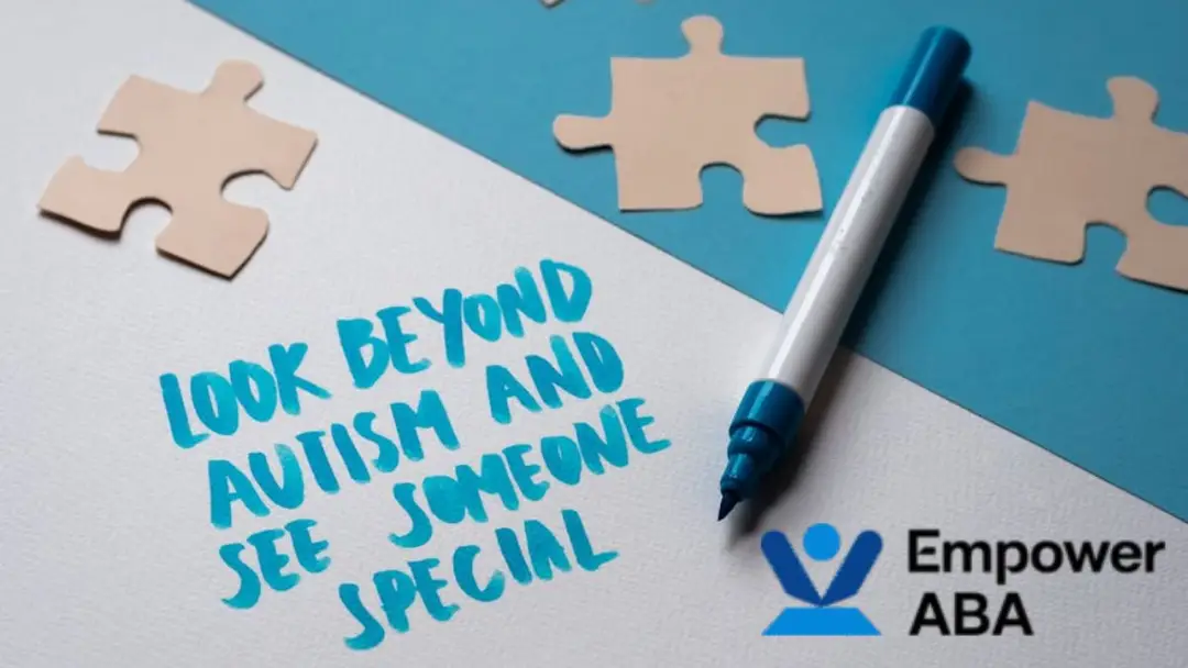 Khaki-colored puzzle pieces form part of an illustration featuring the phrase “quotes autism awareness” highlighted in blue marker.