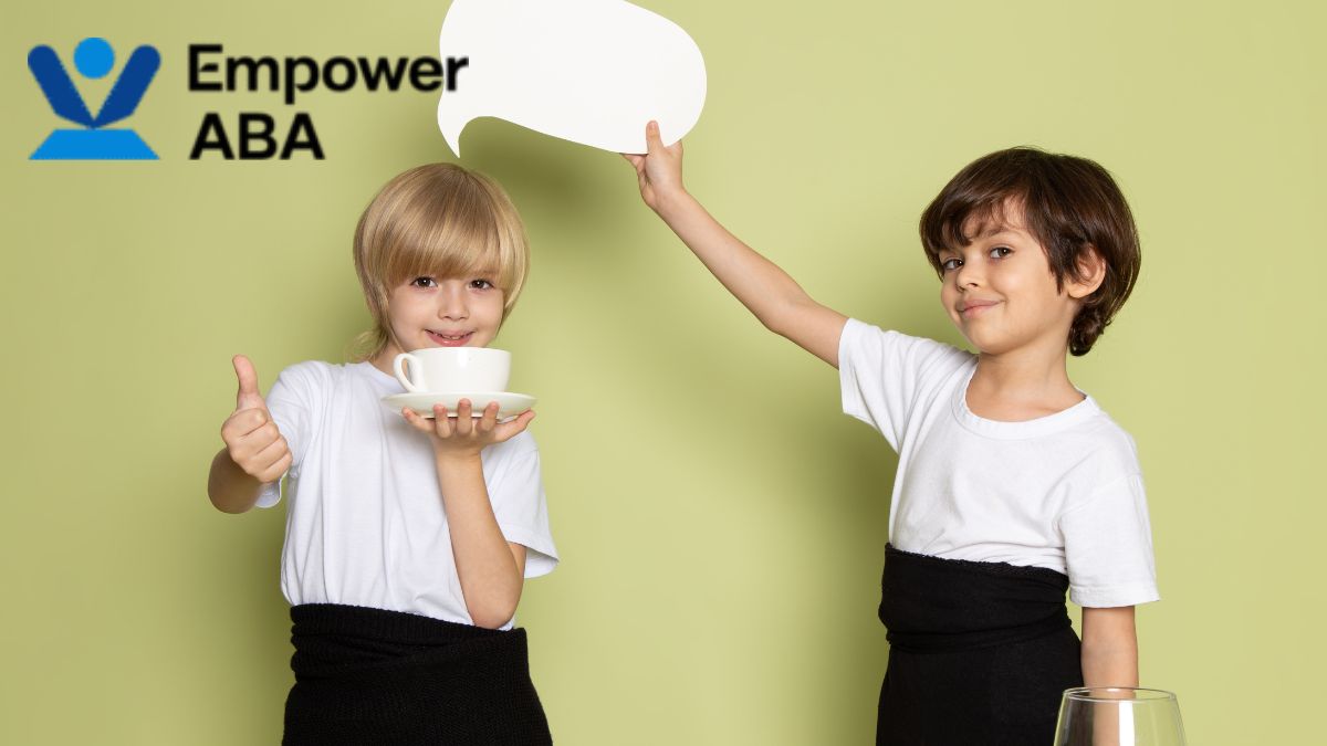 Boy holding a speech bubble prop over a blonde boy offering a cup toward the camera, symbolizing how autism affects communication and brain function.