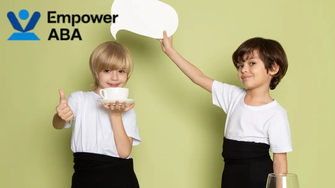 Boy holding a speech bubble prop over a blonde boy offering a cup toward the camera, symbolizing how autism affects communication and brain function.